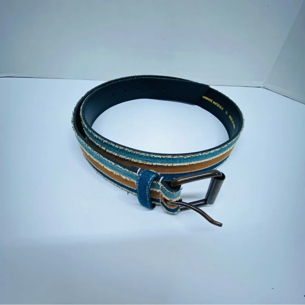 Vintage Belt Denim & Faux Leather Size XL Frayed Boho Casual Blue Brown Trendy